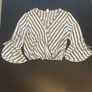 Womens Striped Cropped Black and White Blouse with Synched Bottom